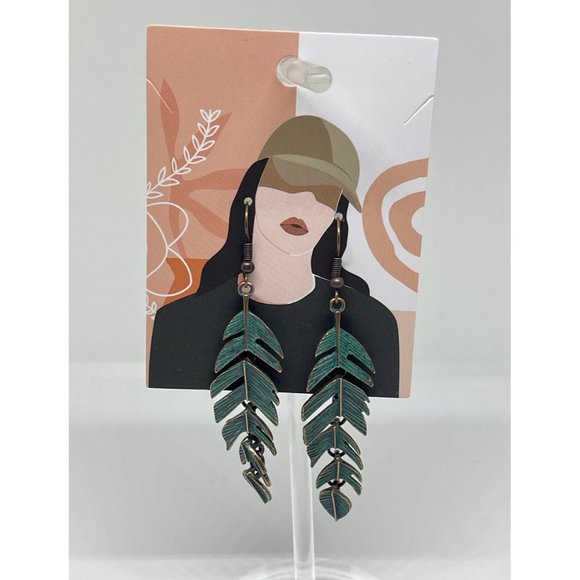 "Miami Beach Palm Leaf" Bohemian Long Copper Green Leaf Earrings - Picture 4 of 4